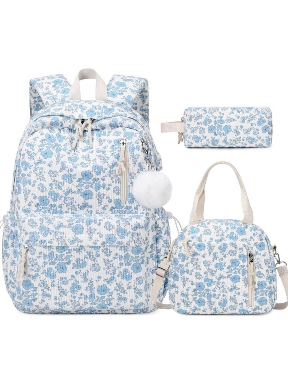 Stylish 3PC Corduroy Girls Backpack Set with Lunch Box & Pencil Bag - Blue